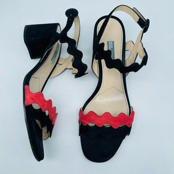 Prada Black Coral Red wavy strap block heel ankle strap open toe sandals EU39 - Picture 1 of 8